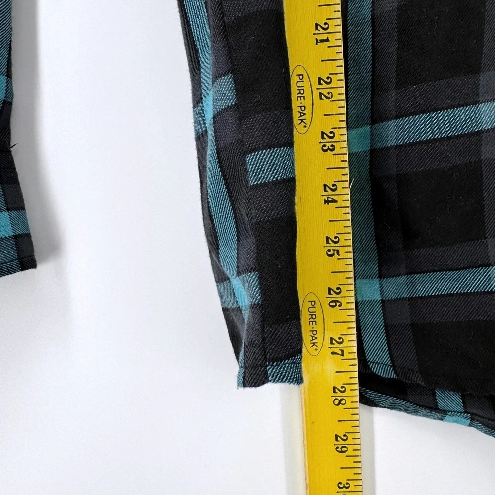Dixxon Flannel Co Union Square Mens Small Teal Black Plaid D-Tech Flannel Shirt